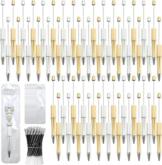 150 Pieces DIY Beadable Pen Kit – 50 Plastic Ballpoint Pens with Refills & Bags – School Supplies, Office Accessories & Decorative Items for Students & Teachers (Silver and Gold)