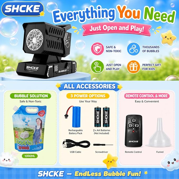 SHCKE Bubble Machine with Remote Control, Auto Rotation & 11 RGB Lights | 1800mAh Rechargeable Battery/USB-C,Top-Fill Portable Bubble Maker for Kids,Outdoor,Birthday Parties,Wedding,Camping,Pool