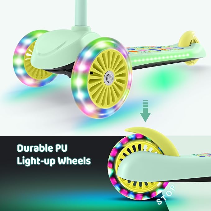 TONBUX Kids Scooter for Ages 3-5, Toddler Scooter with Light-Up Deck and Wheels, Adjustable 4-Level Height 3-Wheel Scooters for Kids, Lean-to-Steer Design
