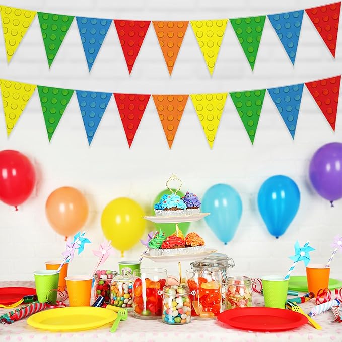 Tiamon 5 Pcs Building Block Birthday Party Decorations Colorful Blocks Bricks Triangle 49.2 Ft Flag Red Blue Yellow Pennant Banner Garland Streamer for Birthday Baby Shower Brick Themed Party Supply