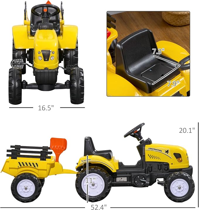 Aosom Kids Ride on Farm Tractor, Manual Pedal Ride on Car with Back Storage Trailer, Shovel & Rake, Horn for Age 3 Years Old, Yellow