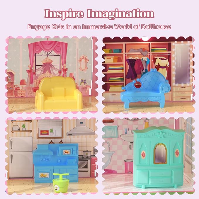 Doll House for Girls with Lights, 3 Dolls, 4 Floors -13 Rooms, 7 Sets of Furniture and Accessories, Design and Build Gift for 3 4 5 6 7 8+ Year Old Girls