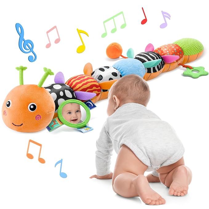 Baby Toys Musical Caterpillar Interactive Multicolored Infant Toy Crinkle Rattle Soft with Ring Bell Stuffed Cuddly Baby Toy with Ruler Design Educational Toddler Plush Toy for Preschool | Stuffed Animals Tummy Time Teething Toys with Mirror Pull Strin...