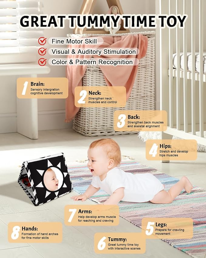 Tummy Time Toys, High Contrast Baby Book with Mirror & Teether, Black and White Infant Books, 0-6-12 Months Soft Book for Newborn, Sensory Books, Tummy Time Car Seat Toys 0-6 Month Boy Girl Gift