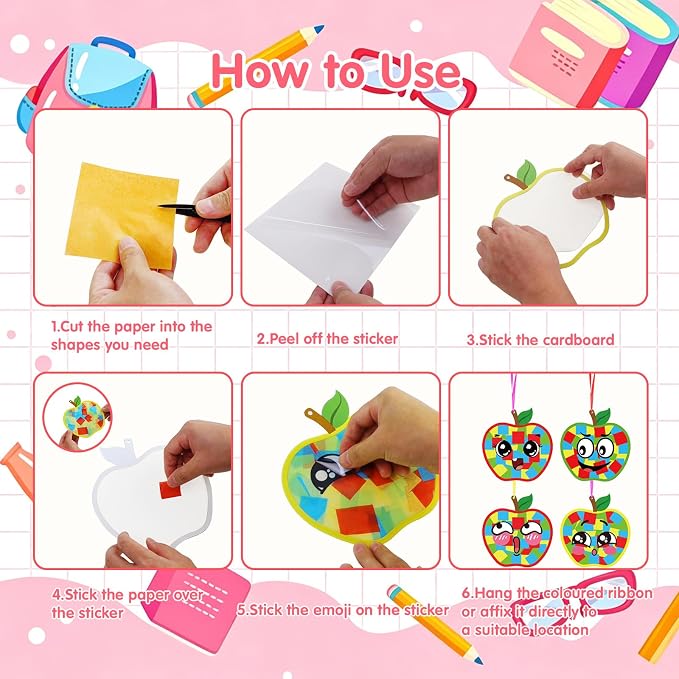 Fennoral 24 Pack Apple Crafts for Kids Make Your Own Back to School Apple Suncatchers with Emotion Stickers DIY Art and Craft Classroom Ornaments for First Day of School Activities Fall Party Decor
