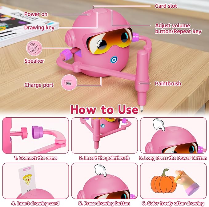 Peledic Drawing Robot Toy for Kids with 100 Word Cards & 12 Color Pens, Voice Interactive Educational Drawing Machine, Montessori Painting Toys for 3 4 5 6 7 8 Year Old Boys Girls Easter Gifts (Pink)