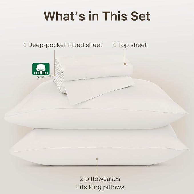 California Design Den 100% Cotton Sheets Set King - Luxury 800 Thread Count Sateen, Soft Cotton Sheets, Deep Pockets for a Snug Fit, Durable Bedding - Eggshell Cream