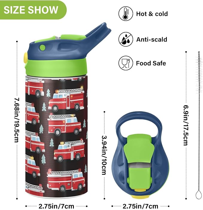 Boccsty Red Fire Rescue Truck Kids Water Bottle with Straw Lid Insulated Stainless Steel Reusable Tumbler for Boys Girls Toddlers 12 oz Green