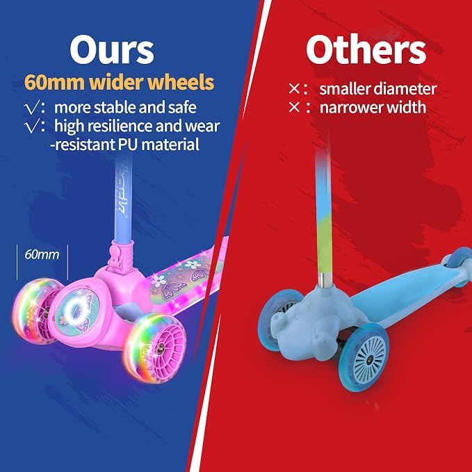Nattork Kids Scooter for Girls with Light Up Wheels, Deck and Headlight, Wide Anti-Slip Deck and T-bar Handle with Rear Foot Brake, Adjustable Height 3 Wheel Scooter for Kids Ages 3+ and up to 220Lbs
