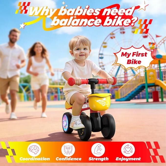 Baby Balance Bike Ride on Toys for 1 2 Year Old, Toddler Bike, First Birthday Gifts for 1 2 Year Old Boys Girls, Baby Indoor Outdoor Toy, Colorful Lighting Silent Wheels, No Pedal/Basket