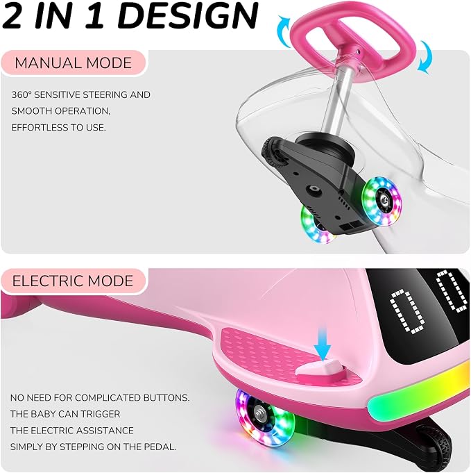 Umatoll 12V Electric Wiggle Car for Kids with Pedal, Display, Rechargeable Battery, LED Light, Bluetooth, Light-Up Wheels, Anti-Rollover, 2 Speeds, Ride on Toys, Birthday Gifts for Age 3+, 150Lbs