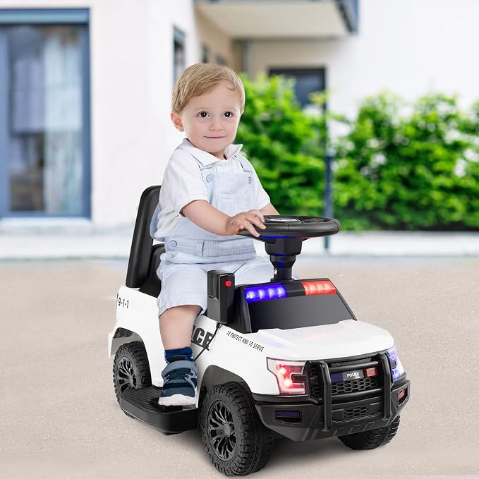 Costzon Police Car Ride On, 6V Battery Powered Electric Kids Ride On with Megaphone, Lights, Siren, Under Seat Storage, Toddler Push Car, Ride On Toys for Toddlers 1-3 Boys Girls (White)