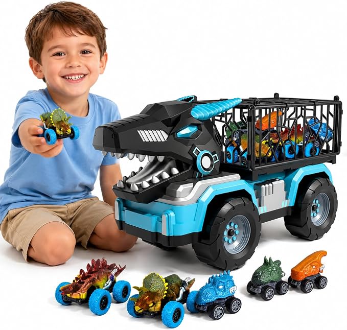 Toddler Robot Dinosaur Truck Toys for Kids Boys Ages 3-5 5-7, Black Carrier Dinosaur Truck with 5 Pull Back Dino Cars, 3 4 5 6 7 Years Old Boys Girls Birthday