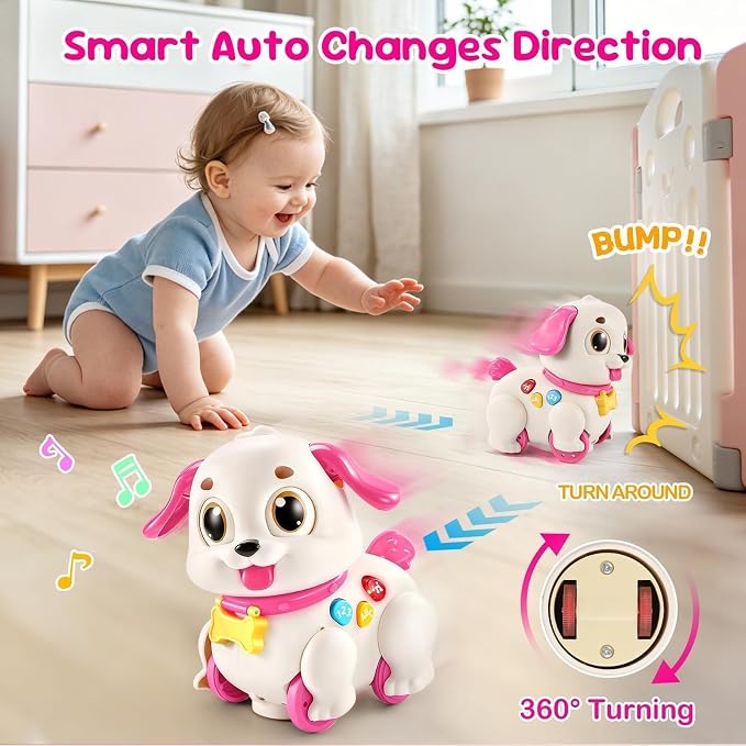 Yunaking Musical Puppy Toy for 1 Year Old Girl Gifts: Interactive Learning Baby Toy 6-12- 18 Months, Auto-Avoid Obstacle, Encourages Crawling & Walking, 1st Birthday Xmas Gift for 1 2 Year Old Girl
