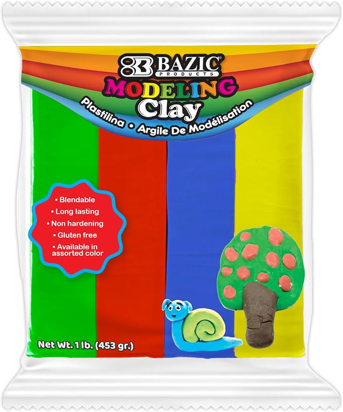 BAZIC Products 4 Primary Color Modeling Clay, 1 lb, Non-Hardening, for Sculpting Art Crafts, Reusable