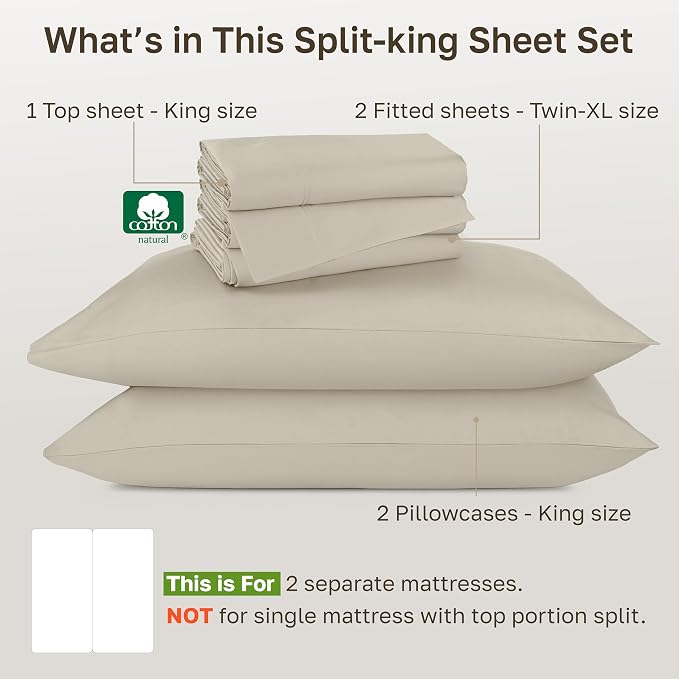 California Design Den Split King Sheet Set - Luxury 800 Thread Count, 100% Cotton Sateen, Bedding Set with Deep Pockets Sheets - Beige