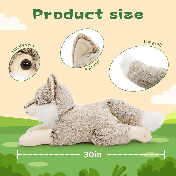 BENINY 30 Inch Giant Wolf Stuffed Animal, Big Soft Wolf Plush Toy, Fluffy Stuffed Wolf Pillow Plushie for Kids, Boys, Girls, Birthday