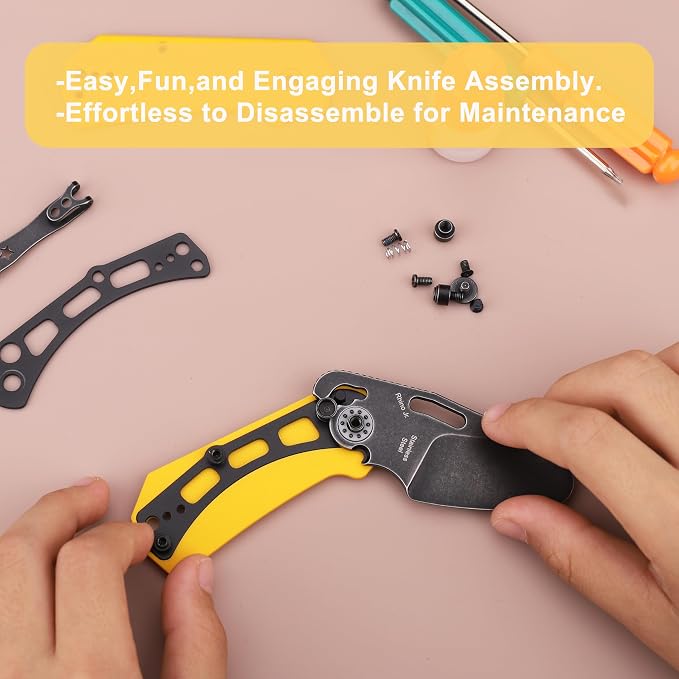 JIN Rhino Jr. Kids Pocket Knife, DIY Knife Kit, Fidget Toy Knives, 1.97” Unsharpened Steel Blade, Rounded Tip, Button Lock Folding EDC, Yellow G10 Handle