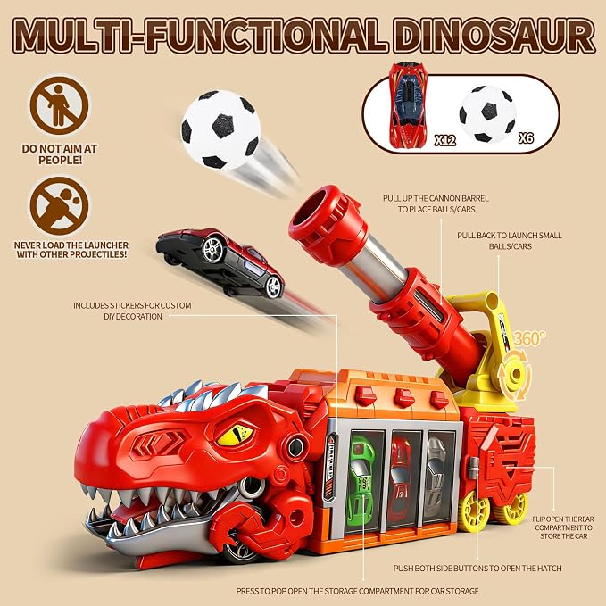 STBEIMEIMY Tyrannosaurus Rex Truck, Ejection Shooting Toy with 10 Cars & Storage Shooting Launcher Action, Foldable Storage Holds 10 Cars, 12 Soft EVA Balls, Safe for Toddlers 3+