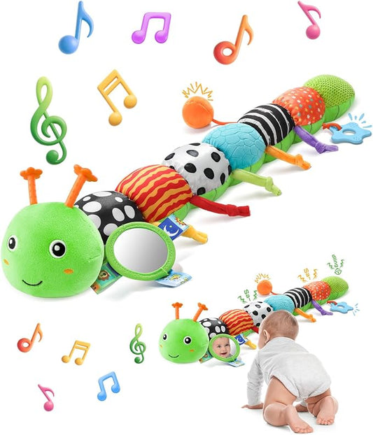 AWOTOY Baby Toys Sensory Music Caterpillar Stuffed Animal Infant Toys,Green | Teething Toys 0-3-6-12 Months Tummy Time with Mirror Crinkle Rattle&Pull String for Newborn Boys Girls Shower Gifts Birthday