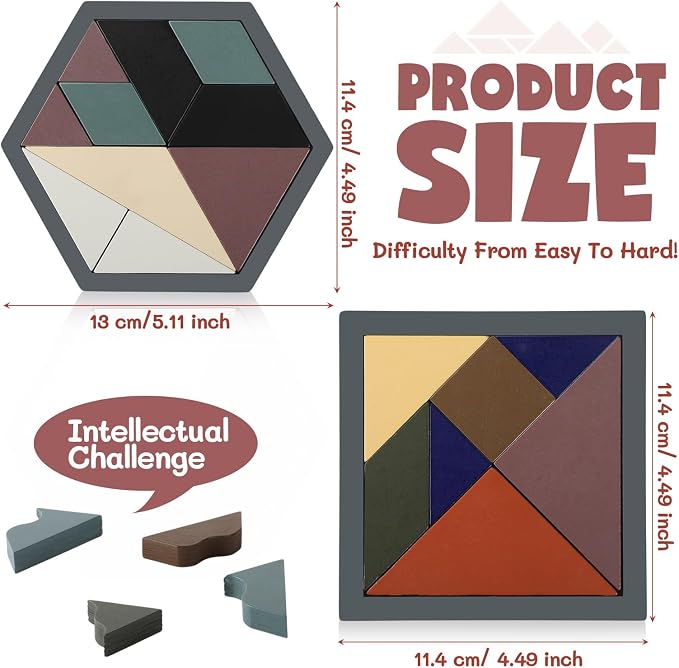 Yunsailing 3 Pack Large Wooden Blocks Puzzles Hexagon Tangram Puzzle Wooden Russian Brain Puzzles for Adult Challenge Teasers Geometric Jigsaw Logic Iq STEM Educational Gift Graduation(Stylish)