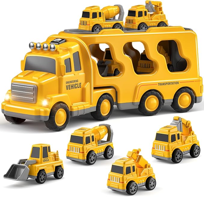 Bennol Construction Truck Toys for 1 2 3 4 5 Years Old Boys Toddlers, Cars Toys Gifts Construction Trucks with Excavator Crane Mixer Bulldozer, Toddler Car Toy Set for Kids Boys Girls