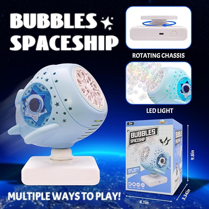 Bubble Machine with Remote Control,360° Automatic Rotation & LED Lights, Type-C Charge, Bubble Maker for Kids Ages 3-15, Weddings, Birthday Parties, Outdoor Activities (Spaceship)