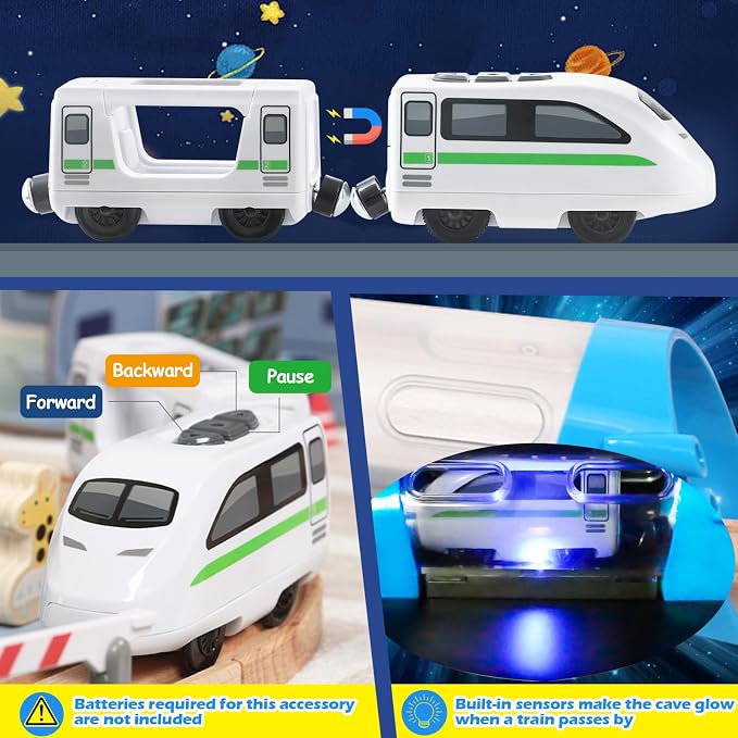 82 Pcs Wooden Train Set for Toddlers, Magnetic Train with Track for Kids Ages 3-6, Compatiable with Major Brands, Space Railway Playset Gifts for Boys and Girls Ages 3+