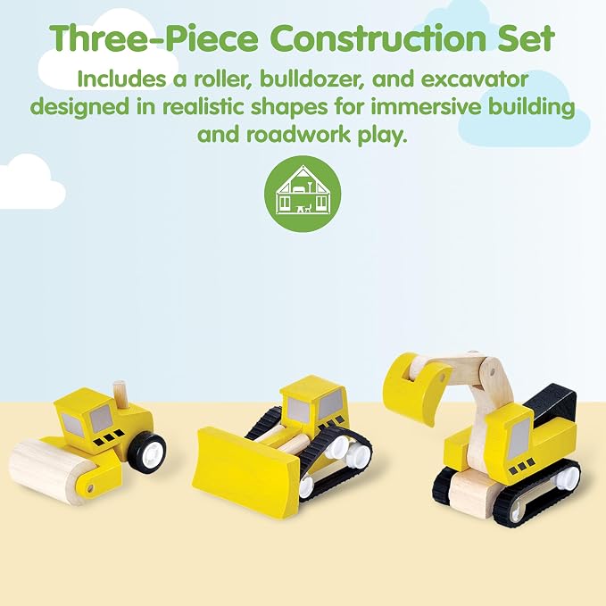 PlanToys® Road Construction Set Wooden Montessori Imaginative and Fine Motor Play Toy | Coordination, Creativity and Social Skill Building Activity | Eco Friendly Vehicle Set for Open Ended Play