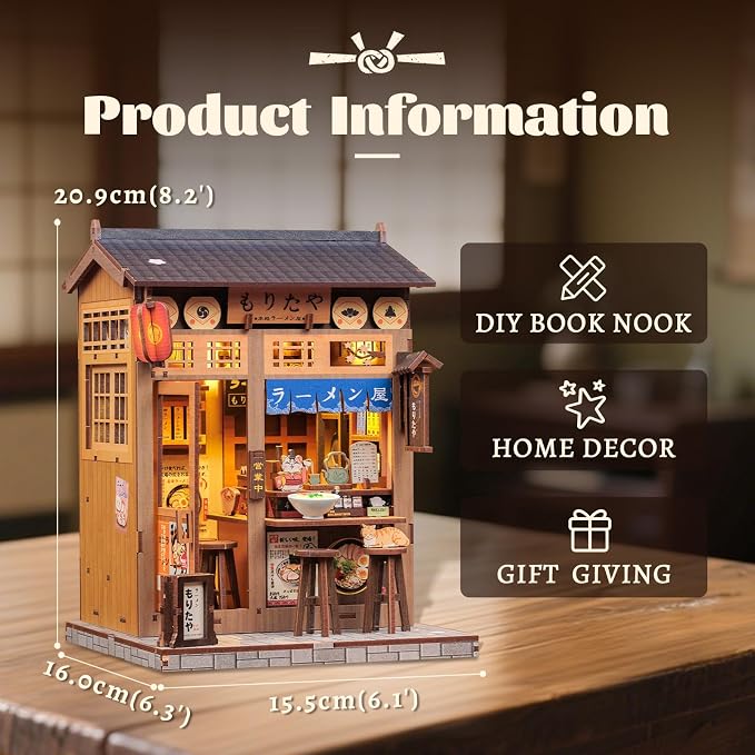Fsolis Japanese Book Nook Kit - DIY Miniature House Kit (Morita-Ya Ramen) | 3D Wooden Puzzles for Adults Booknook Japan Noodle Shop Bookshelf Diorama Gifts for Women