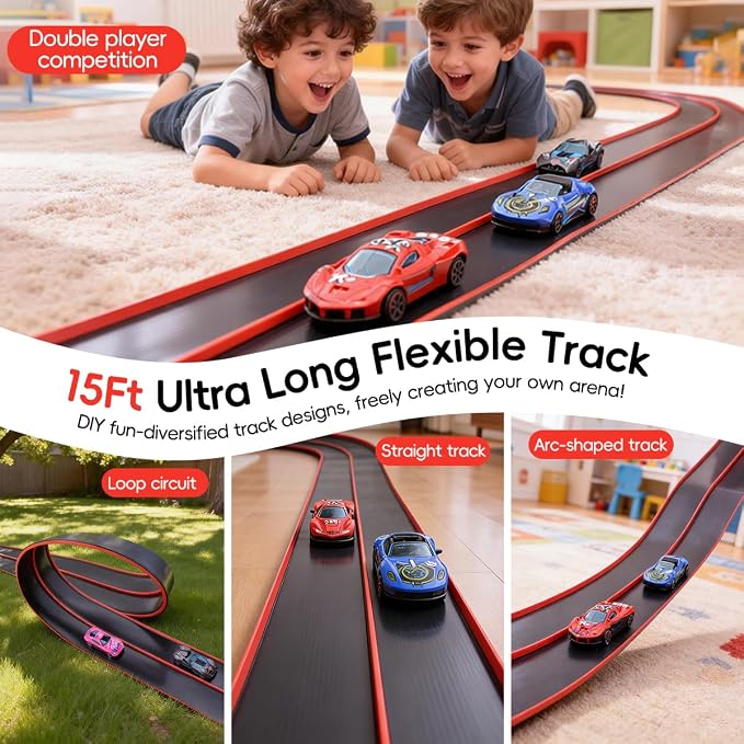 Flexible 15 Ft Race Track Starter Set for Kids Age 3+, Portable Car Track Playsets Compatible with Diecast 1/64th Cars, Long Kid Cars Ramp with Suction Cups, Rolls Up for Storage(Black)