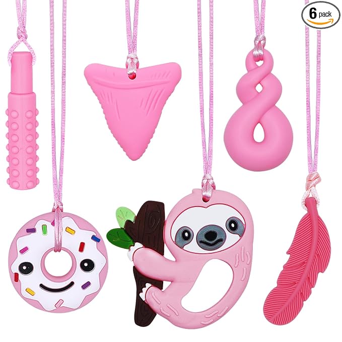 Chew Necklaces Sensory Stim Toys for Kids - 6 Pack, Silicone Chewy Necklaces for Girls Boys Teens Adults with Autism Anxiety ADHD SPD or Other Sensory Needs - Pink