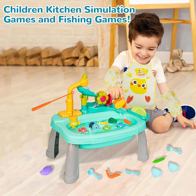 Mini Water Table for Toddlers, 360° Electric Faucet Play Sink with Fishing Game Running Water Play Sink with Fishing Play, Sensory Activity for 3+ year Olds, Perfect for Outdoor & Indoor Use