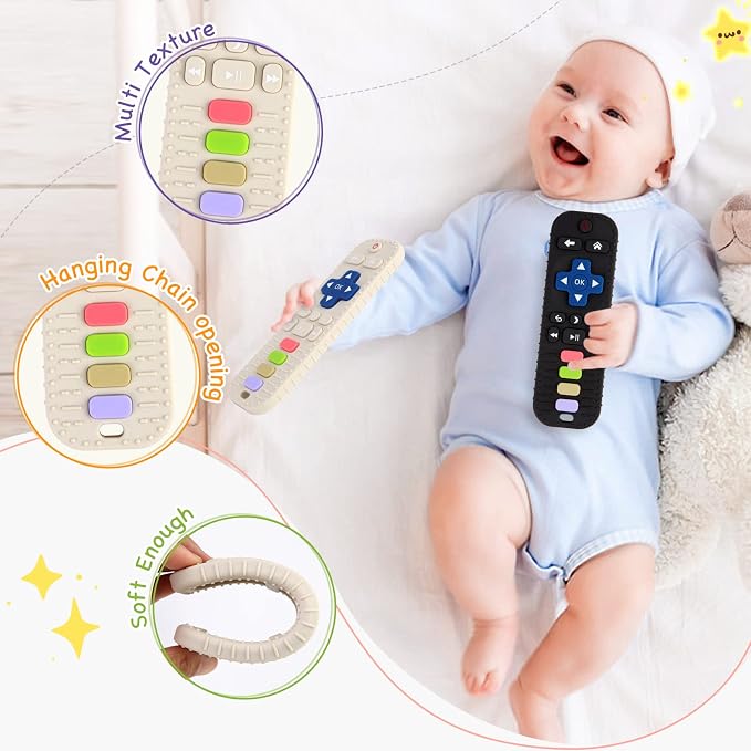 Hooku 2 Pack Silicone Teethers for Babies 0-6 Months, Teething Toys for Babies 6-12 Months, Baby Remote Control Toy, Infant Toys 0-3 Months, Sensory Chew Toys, Toddler Newborn Baby Girl Boy Gifts