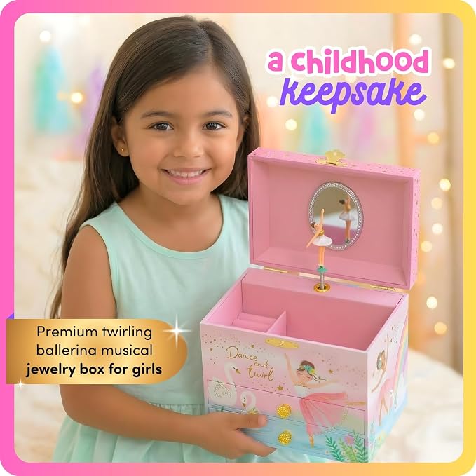 Giggle & Honey Musical Ballerina Jewelry Box for Girls - Kids Music Box with Spinning Ballerina, Ballet Birthday Gifts for Little Girls, Jewelry Boxes, 6.8 x 5.3 x 6 in - Ages 3-10, Pink