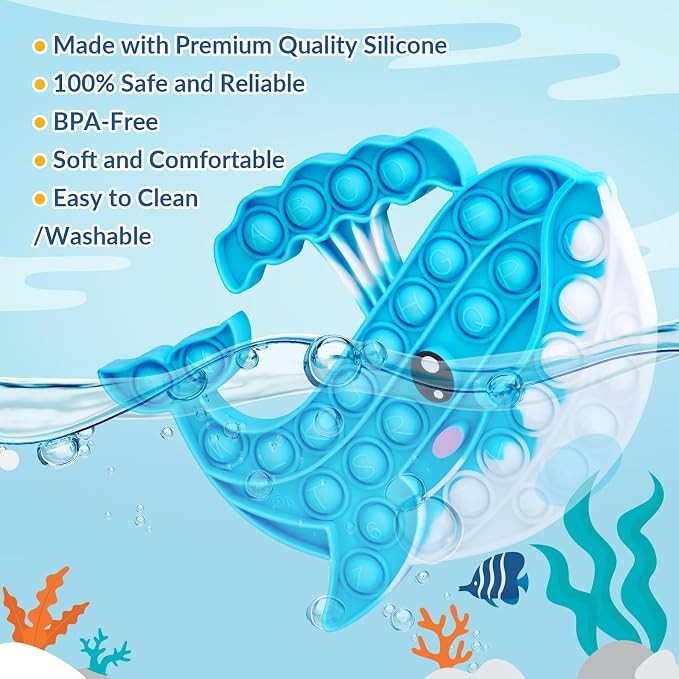 Whale Pop Fidget Toy for Kids and Adults, Large Silicone Sensory Bubble Toy for Stress Relief and Focus, Calming Tie-Dye Blue Push Popper for ADHD Autism Anxiety, Reusable and Washable Press Toy