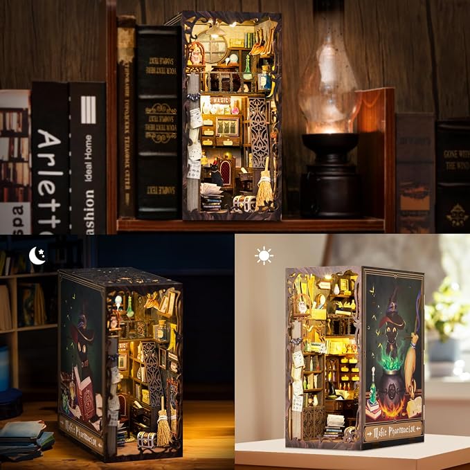 Fsolis Book Nook Kit, 3D Wooden Puzzle for Adults (Magic Pharmacist) | DIY Miniature Magic House Kit, 282 Wood Pieces, Bookshelf Decor with Light and Dusk Cover, Gifts for Women Teens