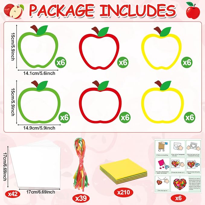 Qyeahkj 36 Set Back to School Apple Suncatchers Crafts for Kids DIY Fall Autumn Window Tissue Paper Craft Kit Hanging Decor for School Home Activity Art Project Birthday Party Favor Gift