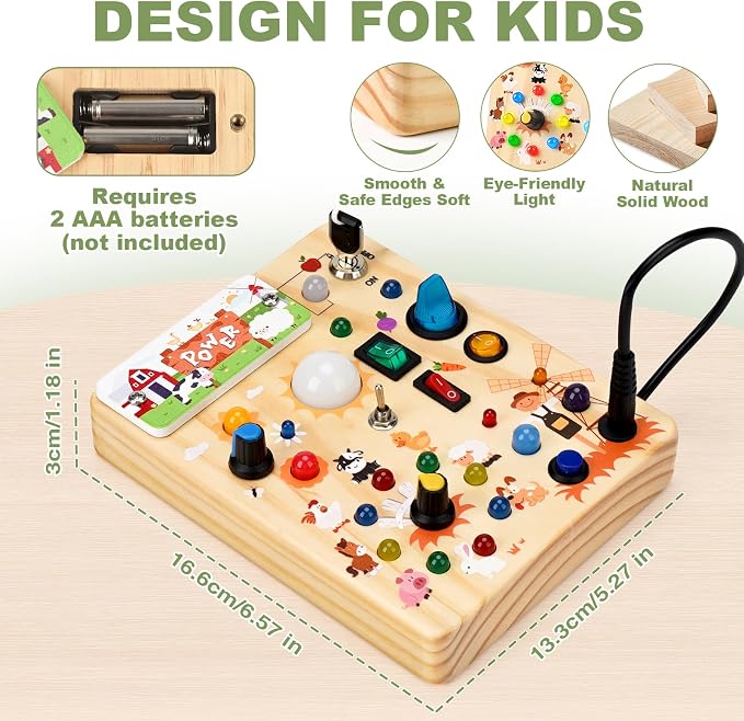 Busy Board for Toddlers 1-3 - Montessori Educational Sensory Toy with 10 Switches & 19 Lights, Activity Board for Fine Motor Skills, Travel Toys for 1+ Year Old Boy & Girl Birthday Gift（Farm Theme）