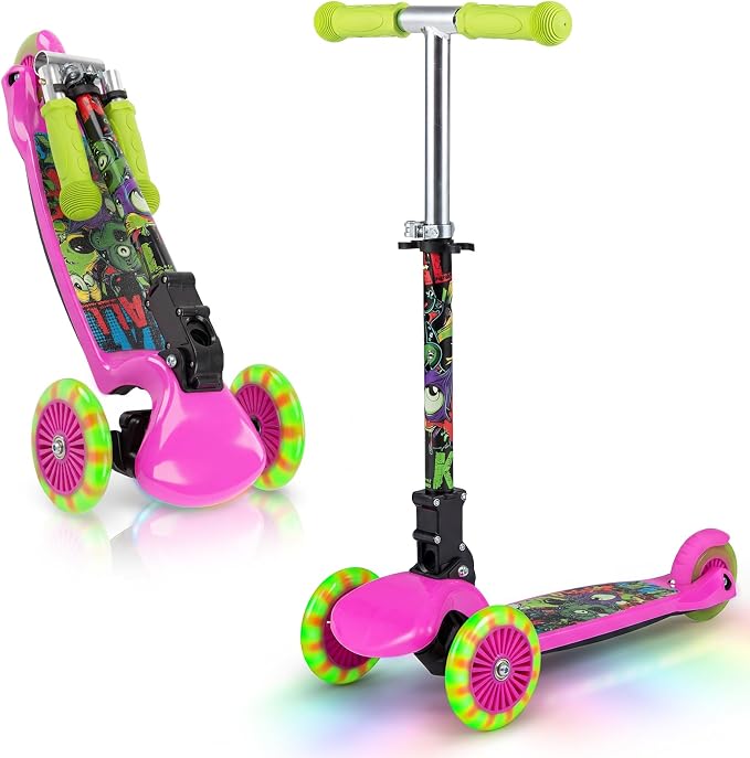 OLAKIDS Kids Kick Scooter with LED Front Wheels, 3-Level Adjustable Handlebars, Lean-to-Steer Design, Rear Foot Brake, Wide Anti Slip Deck, 3-Wheel Scooter for Kids Ages 2-5