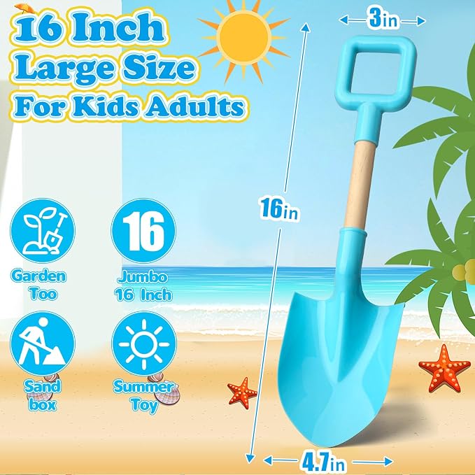 Umnodobn Beach Sand Toys 16" Shovels for Kids Adults, 16 Inch Spade Scoop Gardening Tools, Sandbox Kit Wood Handle Spade for Garden Outdoor Snow Backyard Summer 3 Gift Pack Pink Yellow Blue