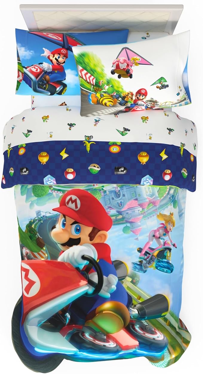 Super Mario Kart Game Kids Bedding Set, Twin Size, 4-Piece Super Soft Cozy Reversible Comforter & Sheet Set (Officially Licensed Product) by Franco