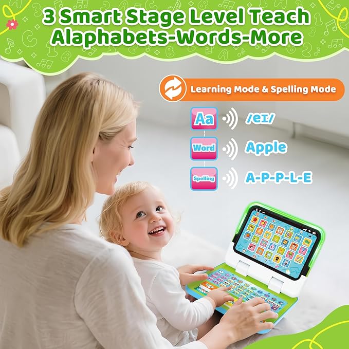 2 -in-1 Kids Laptop Tablet with Music Light Sound, Learning Toy for 1 2 3 Year Old Boys Girls, Interactive Educational Toys for Toddler 1-3, 1st Birthday First for Baby 12-18 Months