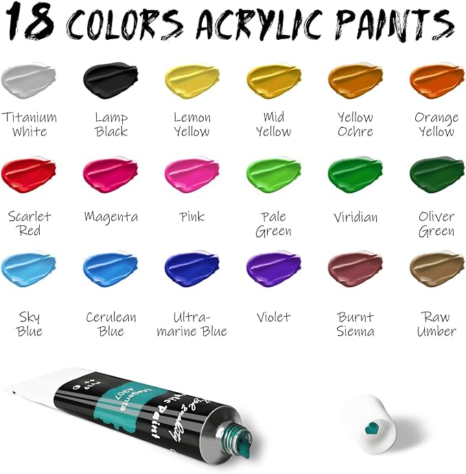 LEYEMO Acrylic Paint Set for Kids, Art Supplies Painting Kit with18 Acrylic Paints, 5 Canvas, 8 Paint Brushes, Easel, Palette, Paint Set for Adults & Artist