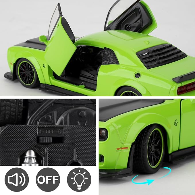 WAKAKAC Toy Cars Compatible for 1:32 Dodge Challenger SRT Hellcat Model Cars, Pull Back Die-cast Vehicles, Collectible Cars with Sounds＆Lights for Kids Boys Girls and Adults, Gift Green