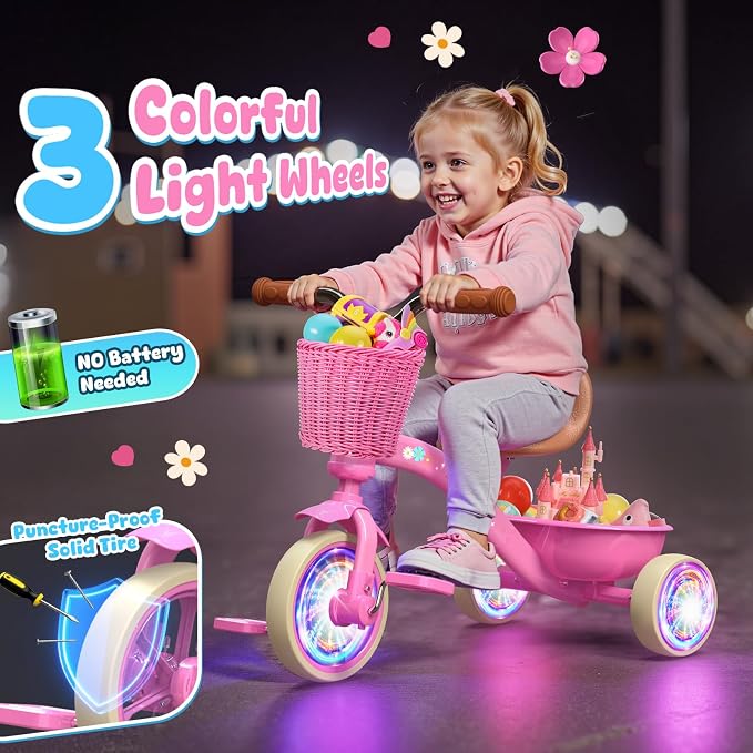 Kkdi Toddler Tricycle for 1-3 3-5 Year Olds, 2 3 4 5 Year Old Girl Birthday Gifts, Pink Toddler Baby Bike, Outdoor Riding Toys for Ages 2-4, 4-Level Adjustable Seat, 3 Color Light Wheels, 2 Baskets