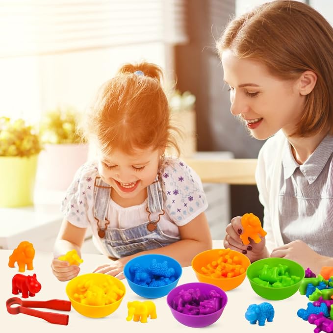 Counting Toys Matching Game for Kids with Sorting Bowls Preschool Learning Educational Activities Toys Color Classification and Sensory Game Set Toddler Fine Motor Toys for 3 4 5 Years Old-Animals