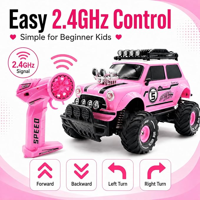 10Leccion Remote Control Car for Girls, Pink RC Truck with 2 Rechargeable Batteries, 2.4GHz Kids RC Monster Truck Toy, Easy Control Birthday Gift for Girls Ages 3-8