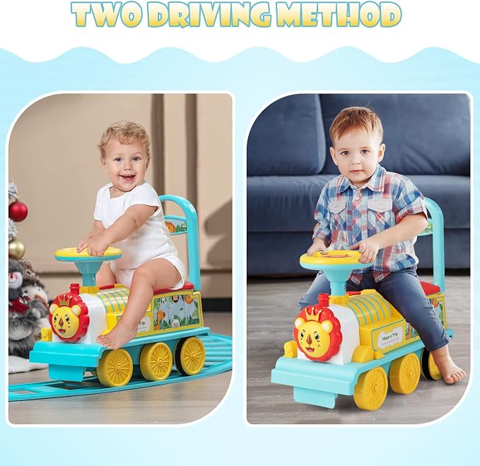 OLAKIDS Kids Ride On Train with Track, 6V Electric Toy with Lights and Sounds, Retractable Footrest, Under Seat Storage, Christmas Theme Battery Powered for Toddlers Boys Girls (1 Seater, Lion)