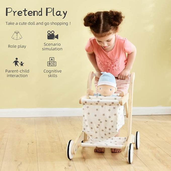 labebe Baby Push Walker Doll Stroller, Push Toy for Toddler, Shopping Cart for Girls and Boys 1 Years Old, Kids Stand Learning Walker, Wooden Play Wagon with Wheel, Larger Size 15.2 * 18.7 * 19.7